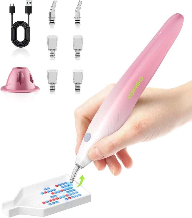 YOFIGO Electirc Wirless Diamond Painting Pen,Vacuum Diamond Art Pen with Charging Base, 3 Suction Heads,Gradient Painting Pen for Beginners (Pink) - Image 1